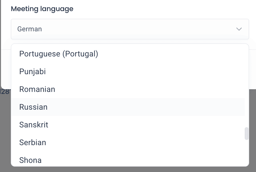 Menu suspenso de idiomas Fireflies , com o russo listado entre os idiomas de transcrição disponíveis