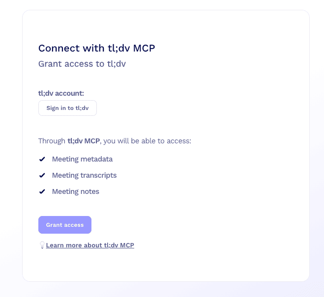 Claude MCP consent screen for tl;dv meeting notes and transcripts