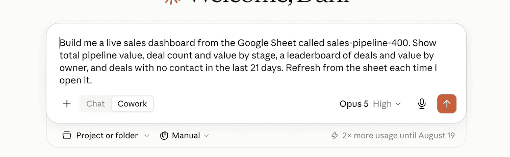 The prompt in Claude Desktop with Cowork selected rather than Chat.