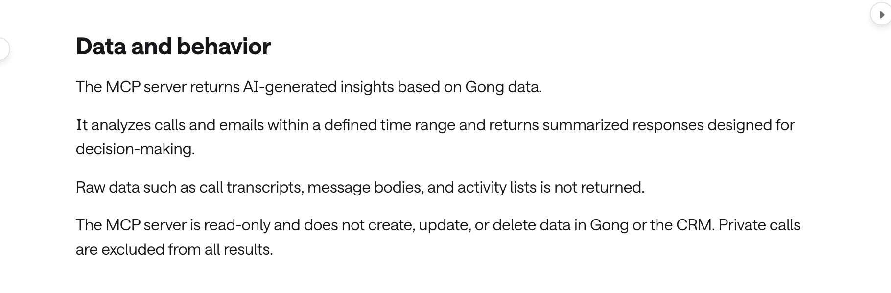 Gong MCP documentation stating the server returns AI-generated insights and does not return call transcripts