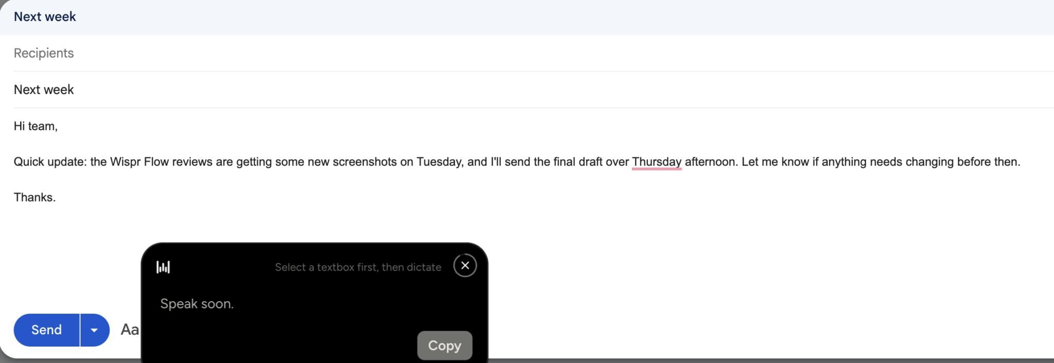 Wispr Flow dictating an email into a Gmail draft on Mac