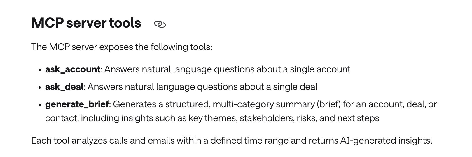 The three Gong MCP server tools: ask_account, ask_deal and generate_brief