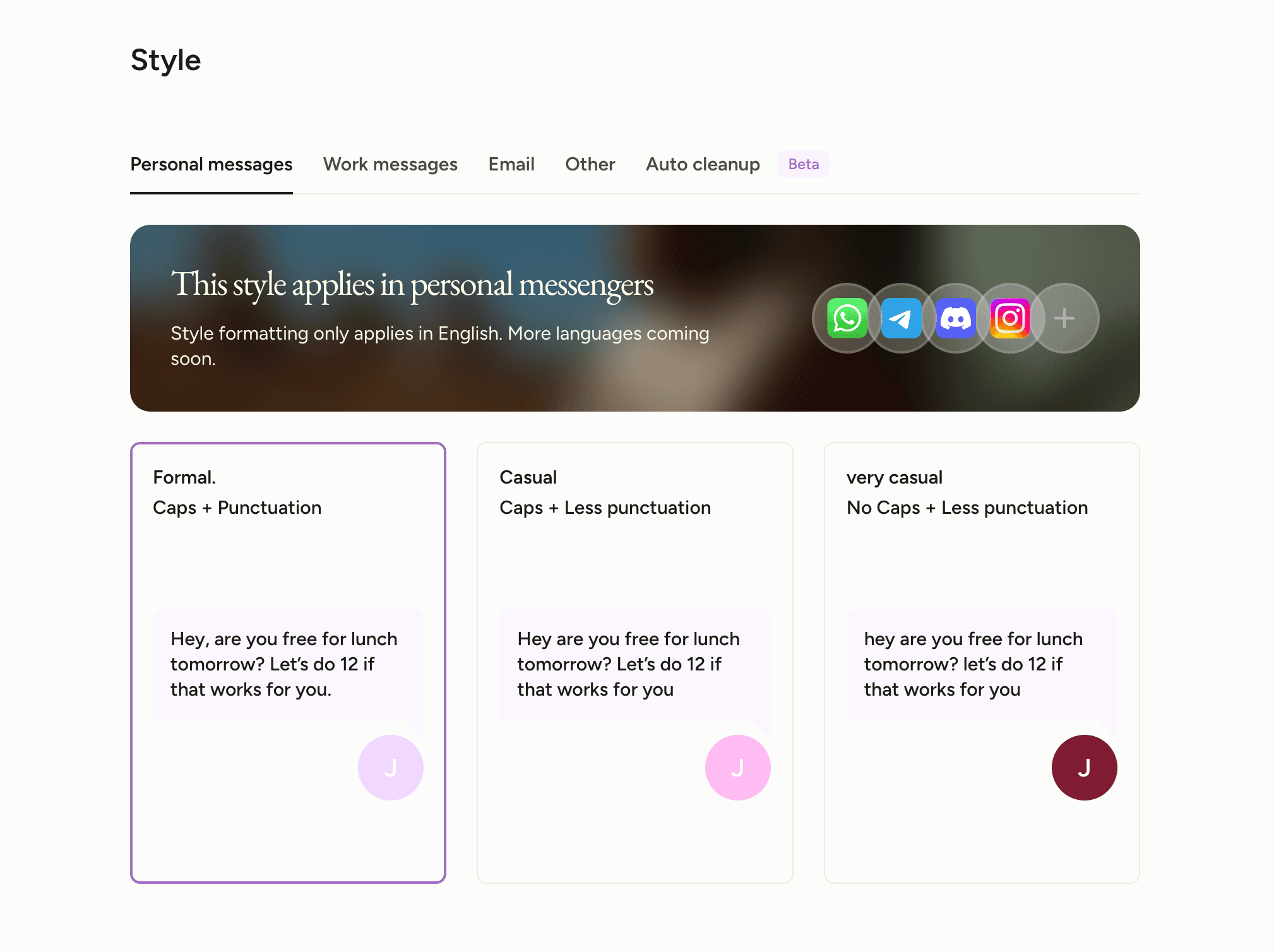 Wispr Flow Style settings showing formal, casual and very casual options