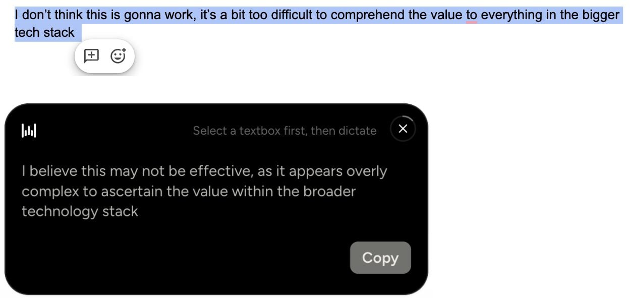 Wispr Flow Command Mode rewriting a casual sentence in a more formal tone
