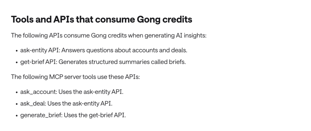 Gong documentation mapping MCP server tools to the APIs that consume Gong credits