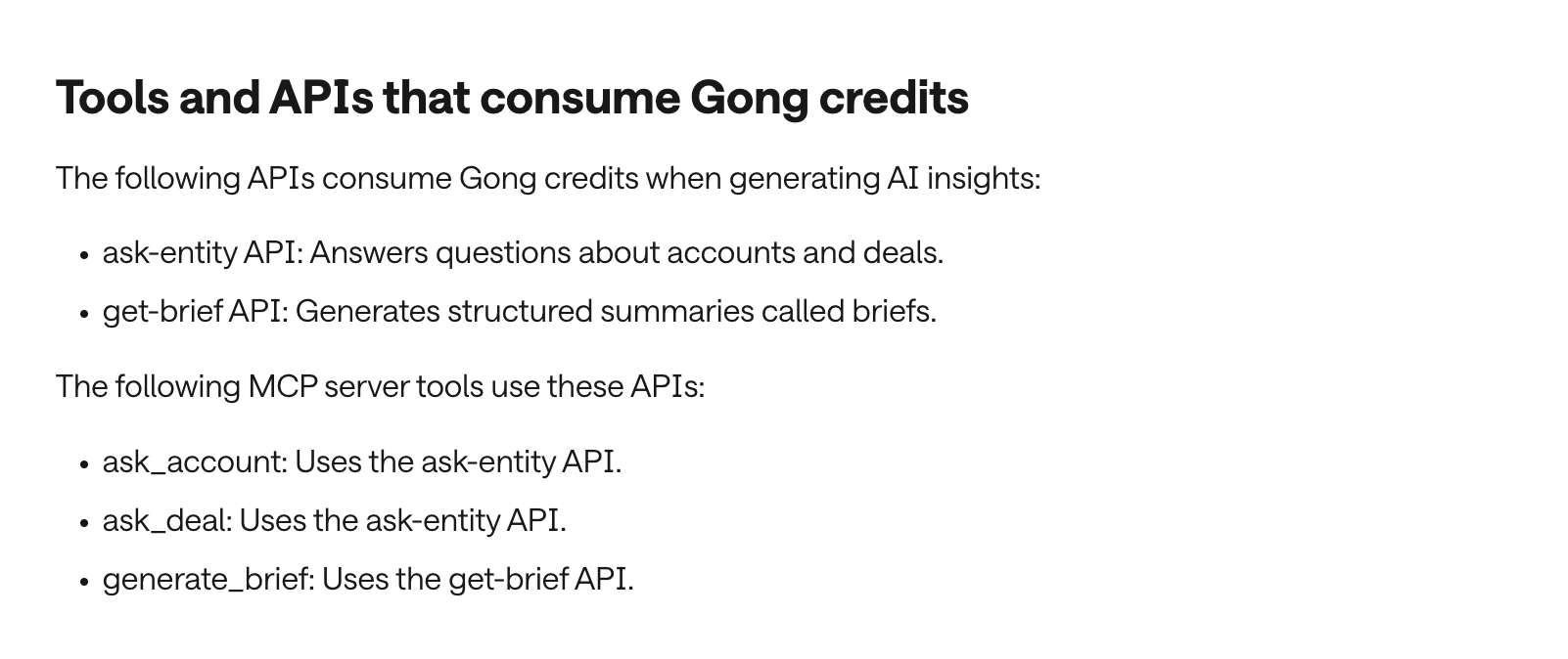 Gong documentation mapping MCP server tools to the APIs that consume Gong credits