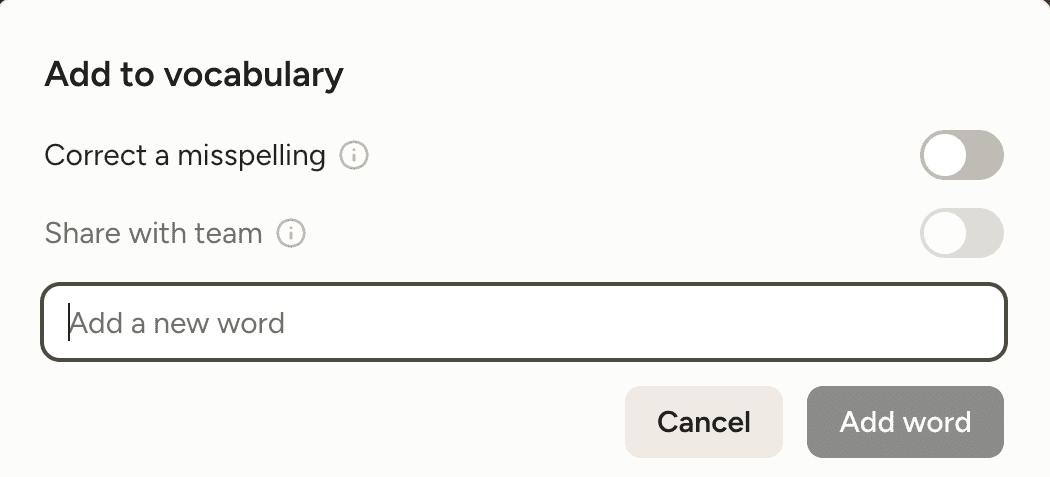 Wispr Flow Add to vocabulary window