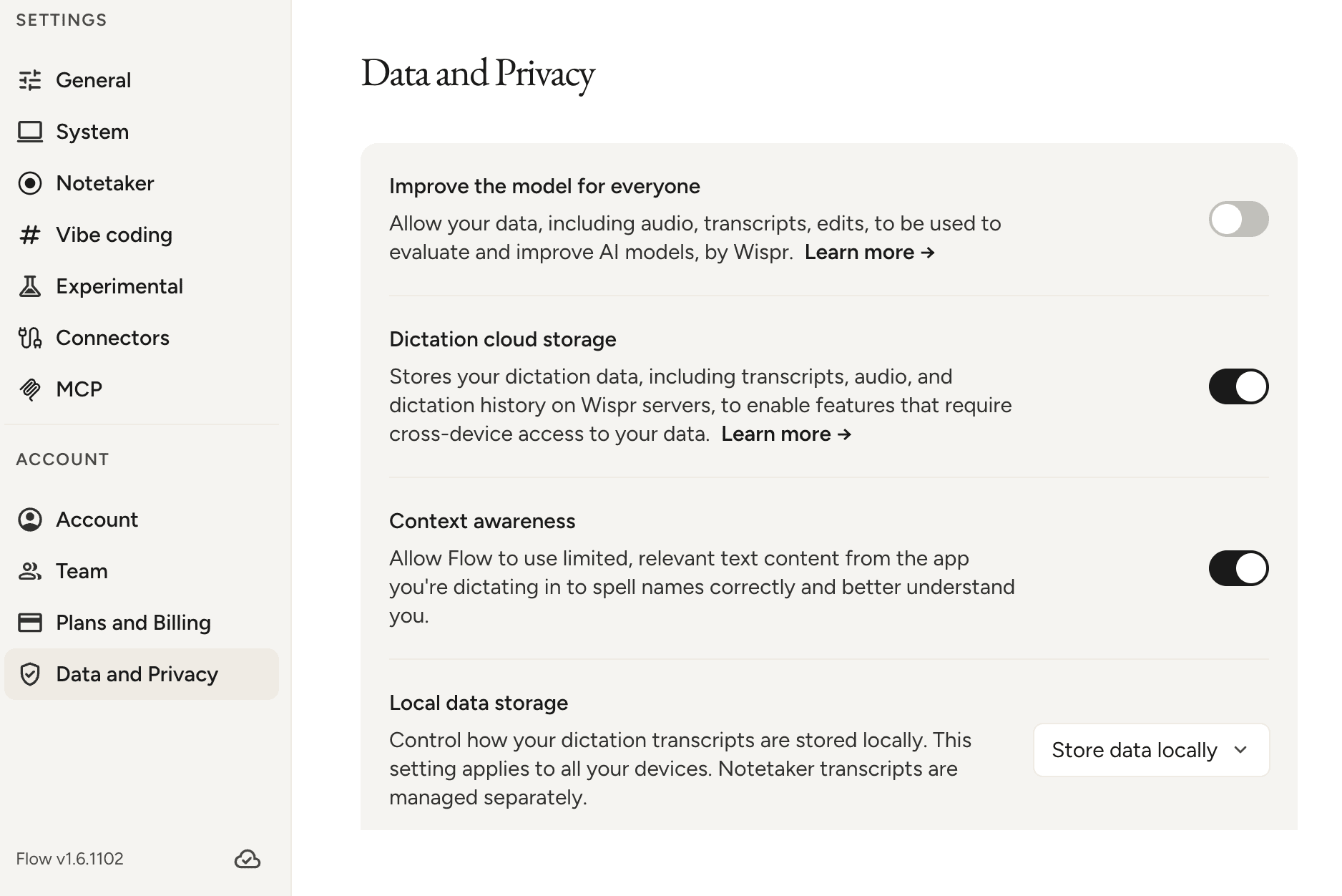 Wispr Flow Data and Privacy settings