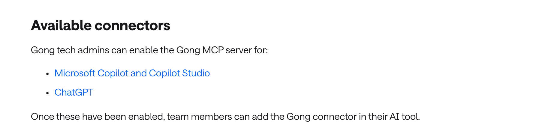 Gong documentation stating tech admins enable the Gong MCP server for supported AI tools
