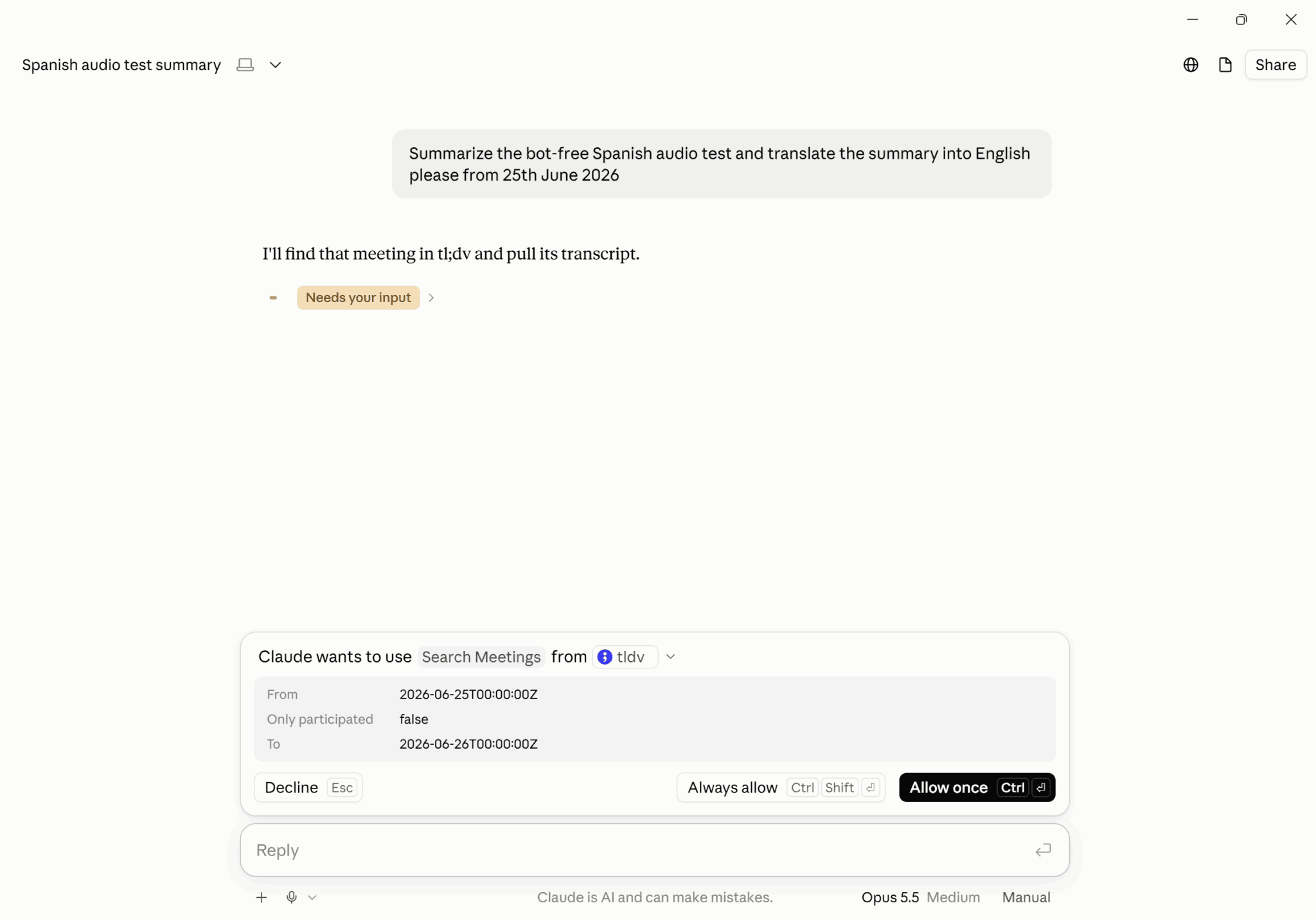 Claude calling the Search Meetings tool from the tl;dv MCP connector