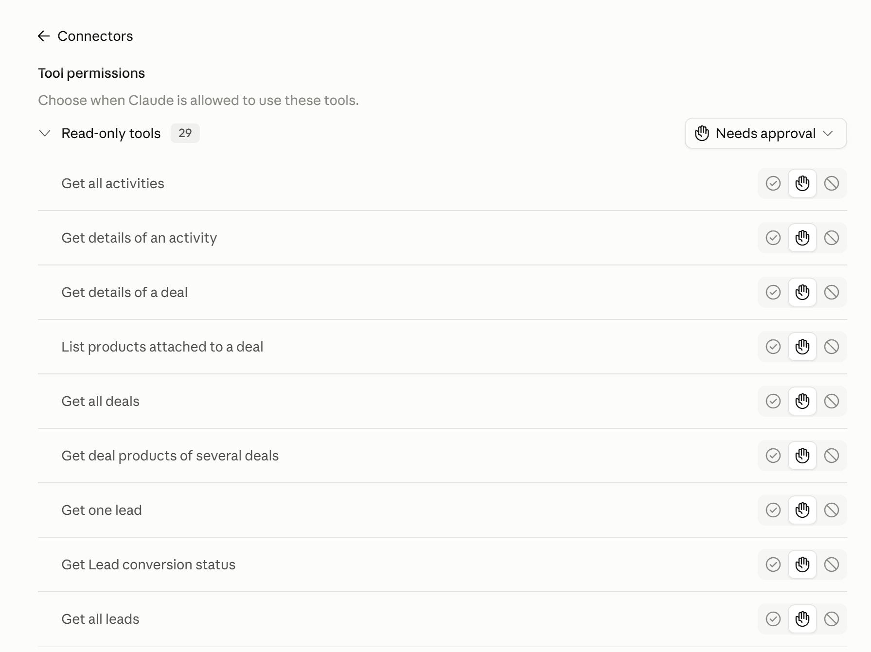 Claude's connector permissions for Pipedrive MCP