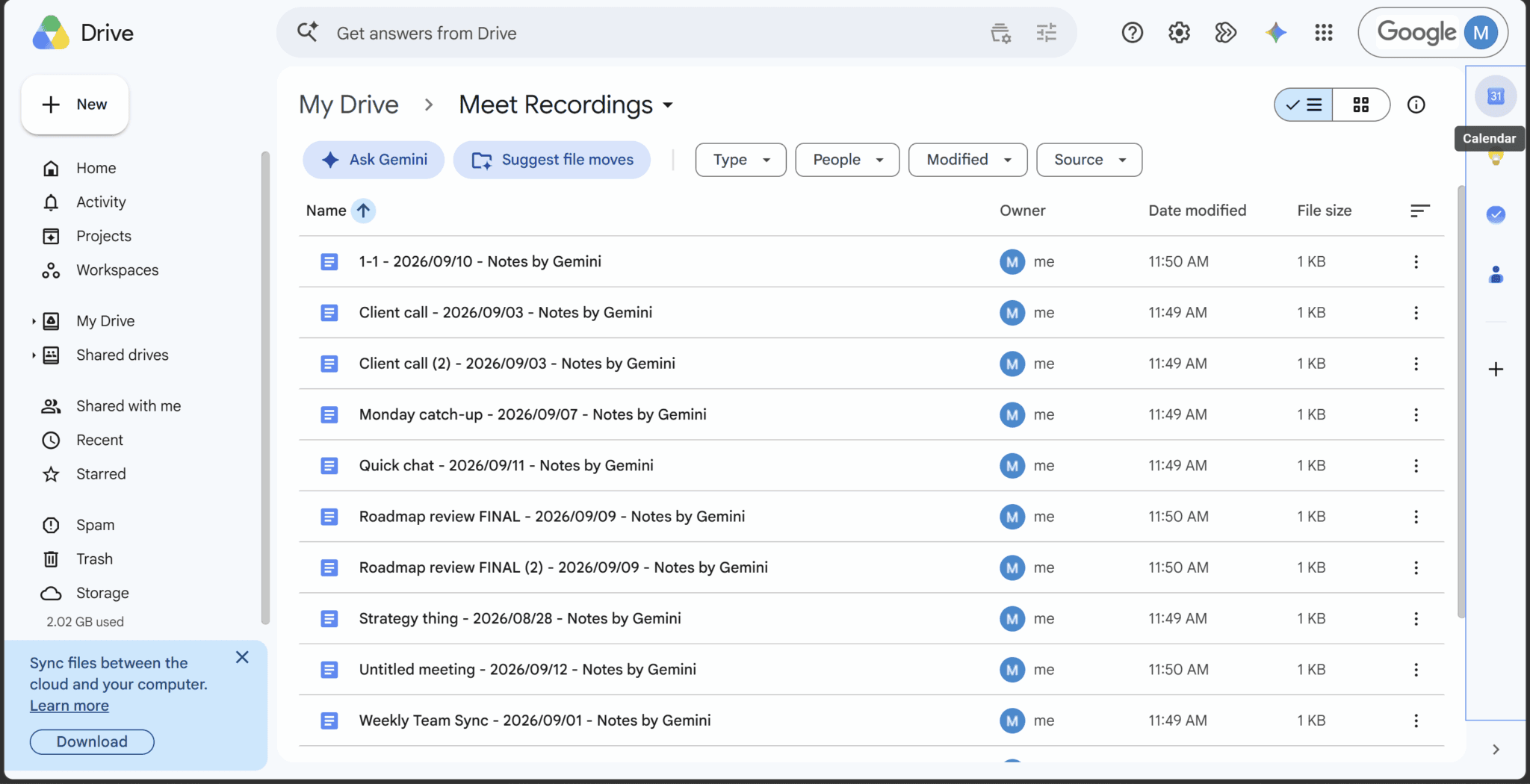 A Google Drive folder cluttered with separate auto-generated meeting-notes docs, illustrating one-doc-per-meeting sprawl