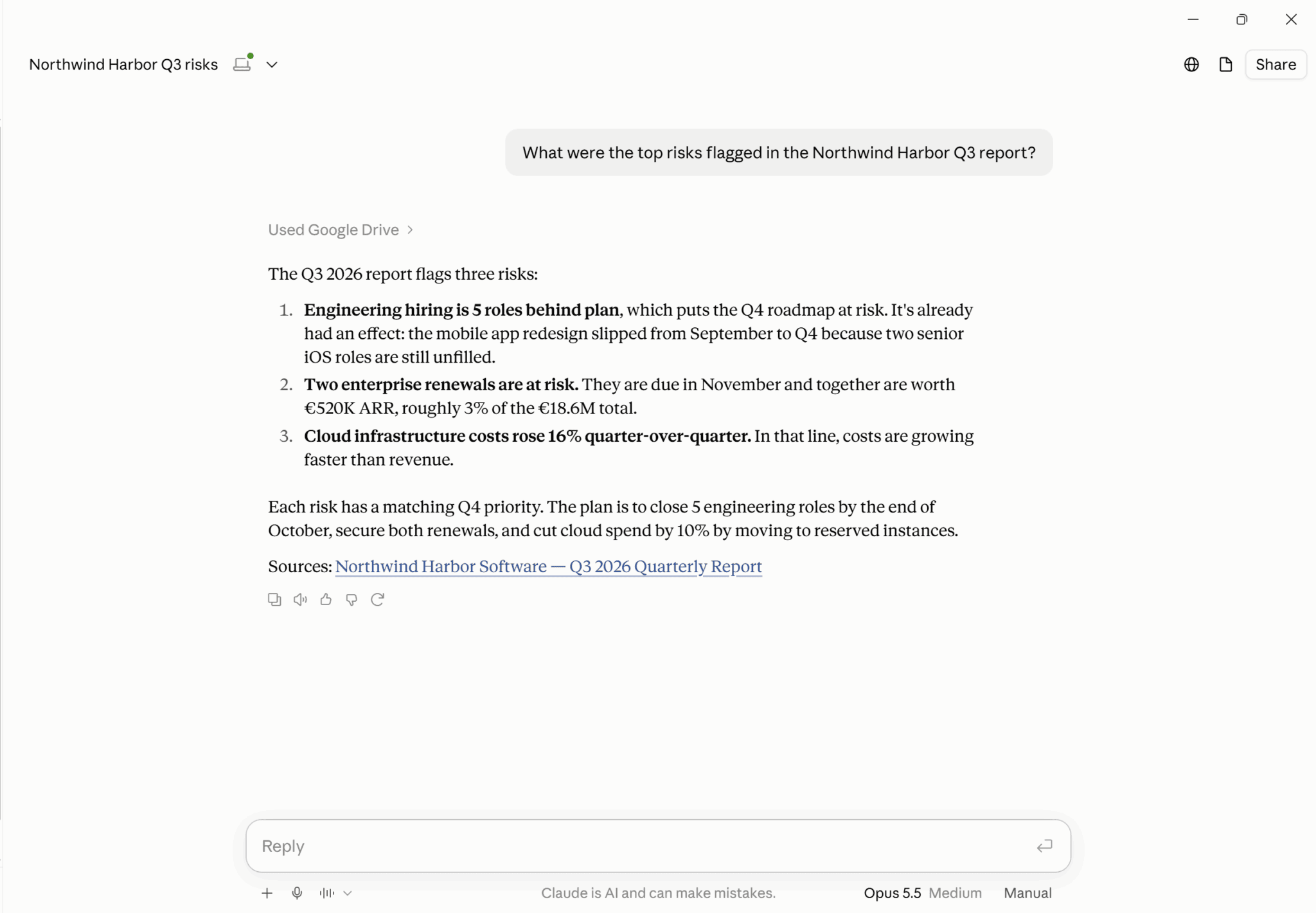 Claude answering a question using Google Drive MCP, with a citation back to the source document