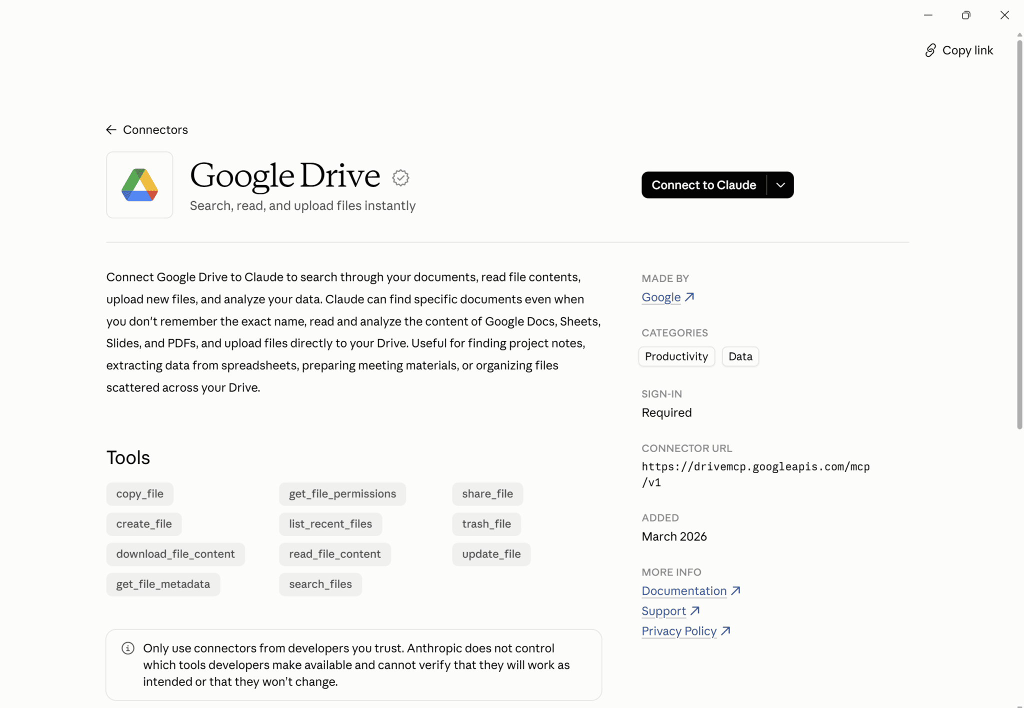 Google Drive MCP connector page in Claude showing its tools and the drivemcp.googleapis.com endpoint