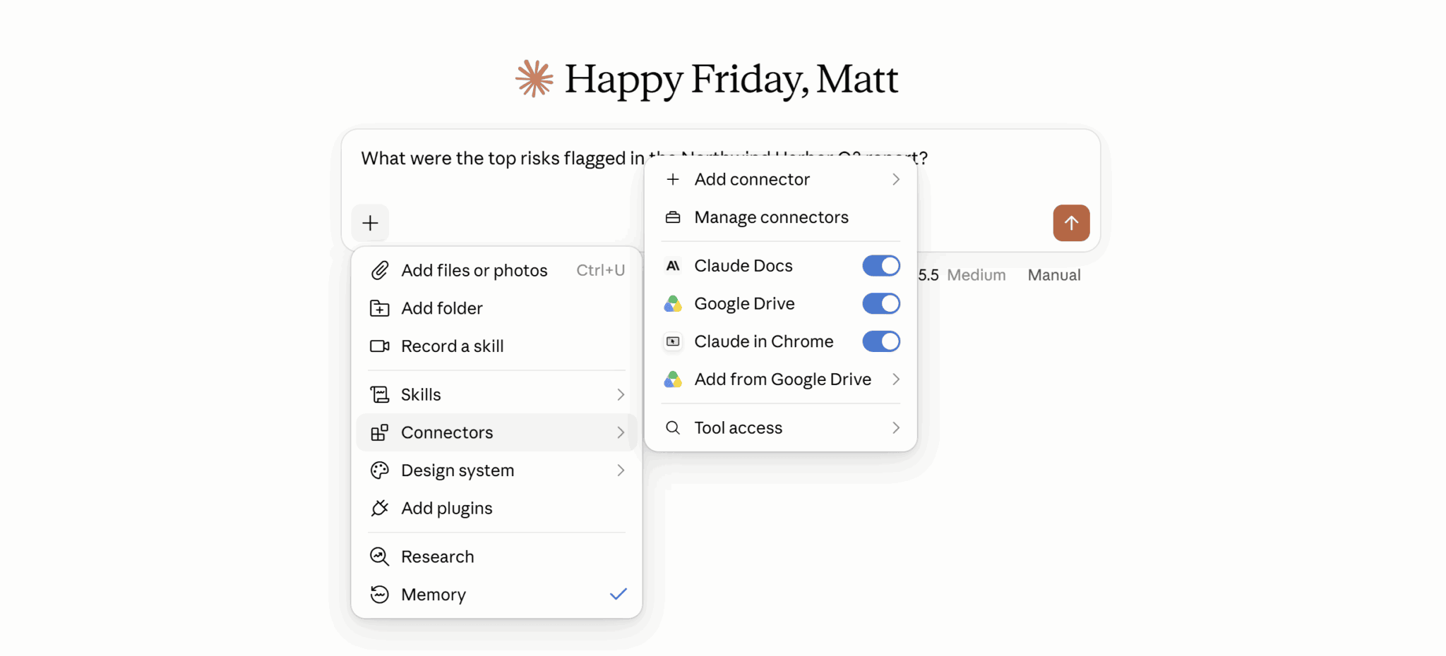 Enabling the Google Drive MCP connector in Claude's connectors menu