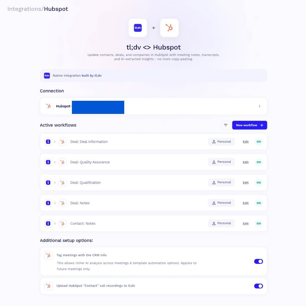 tl;dv HubSpot integration page showing five active workflows for deals and contacts