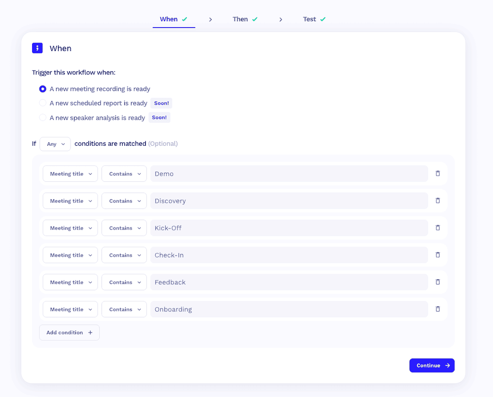 tl;dv workflow trigger set to fire on meeting titles containing Demo, Discovery, Kick-Off, Check-In, Feedback or Onboarding