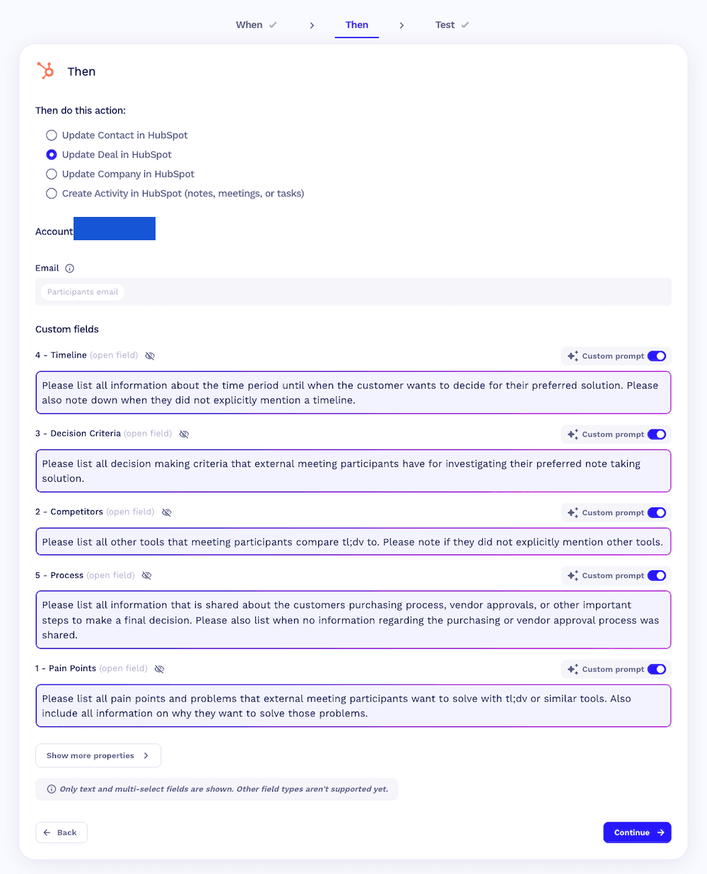 tl;dv workflow writing pain points, competitors, decision criteria, timeline and process into HubSpot deal properties