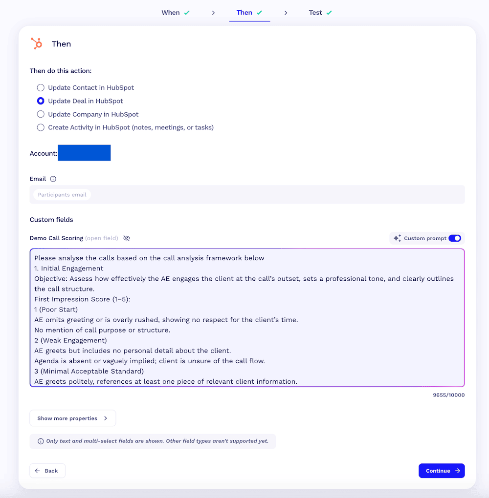 tl;dv workflow scoring demo calls against a call analysis framework written into a HubSpot deal property