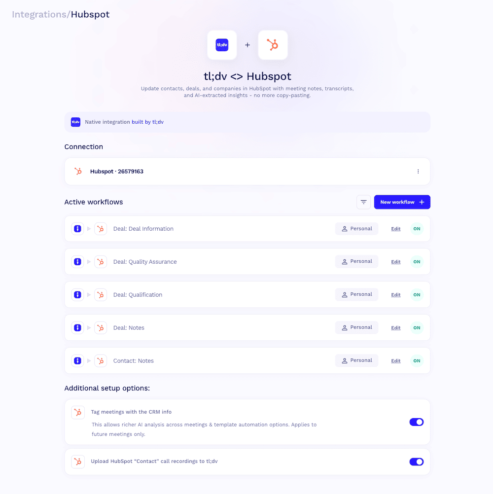 tl;dv HubSpot integration page showing five active workflows for deals and contacts