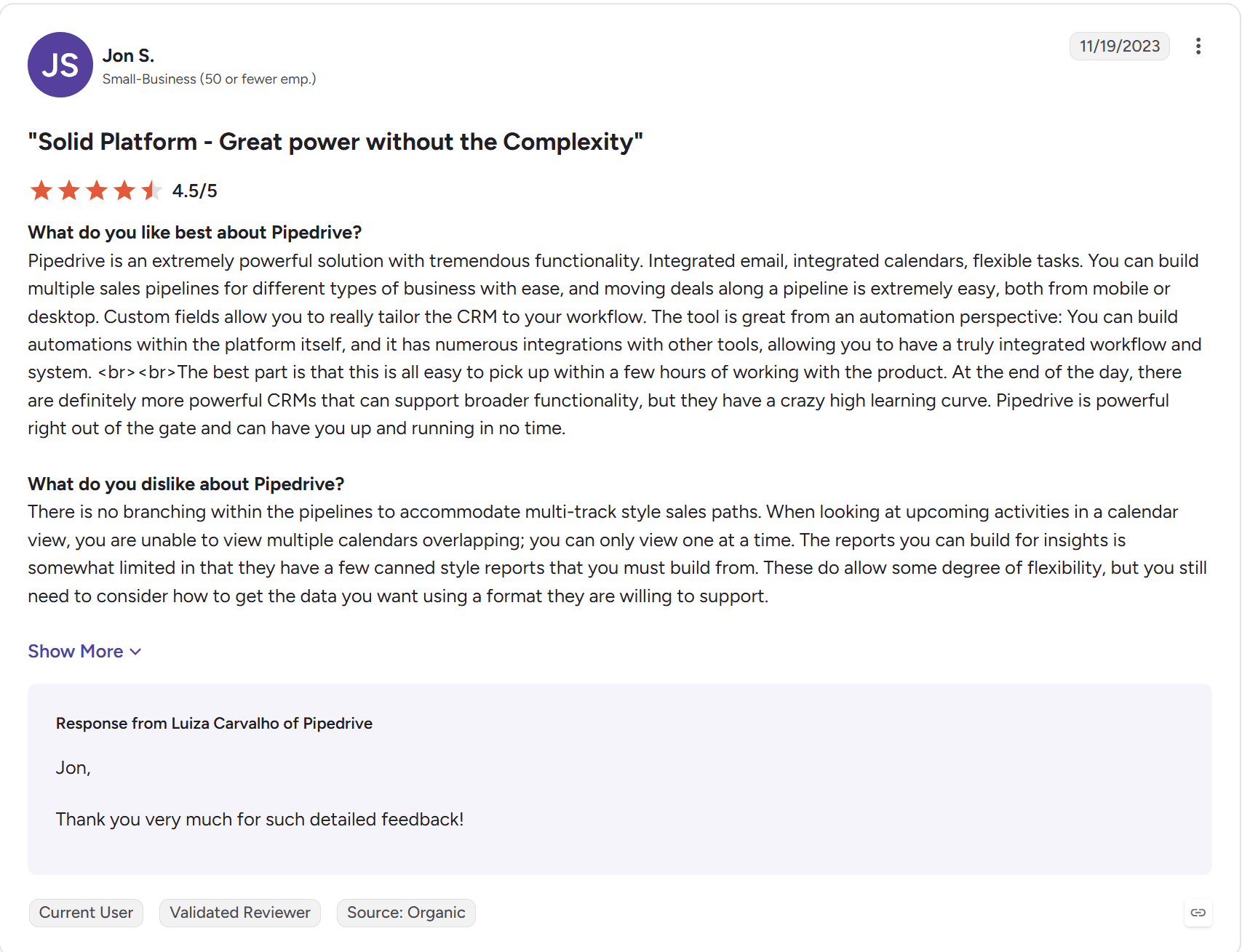 Pipedrive 4.5/5 star review on G2.