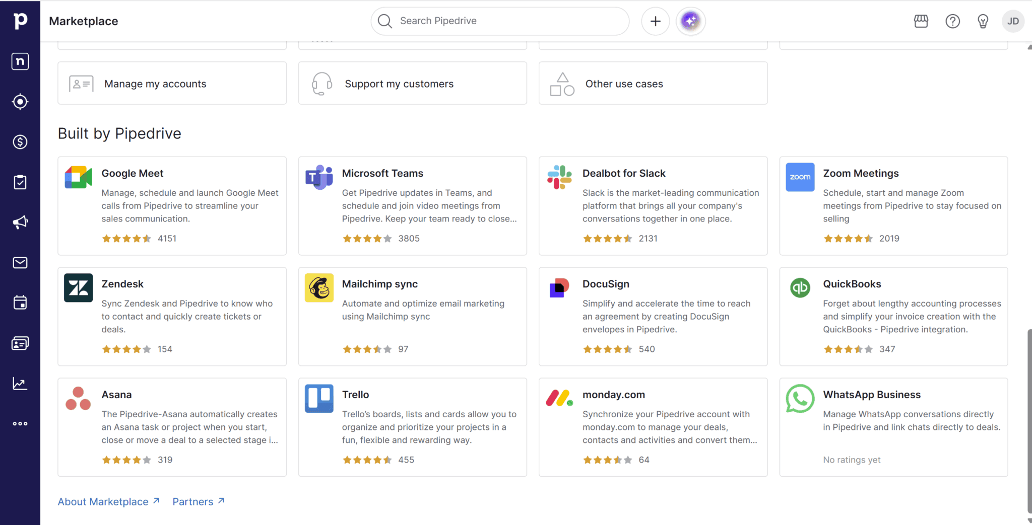 Pipedrive's native built integrations in the Marketplace