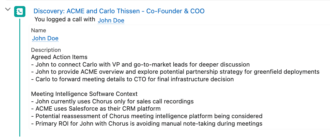 A call's meeting notes synced automatically to Salesforce under the right activity.