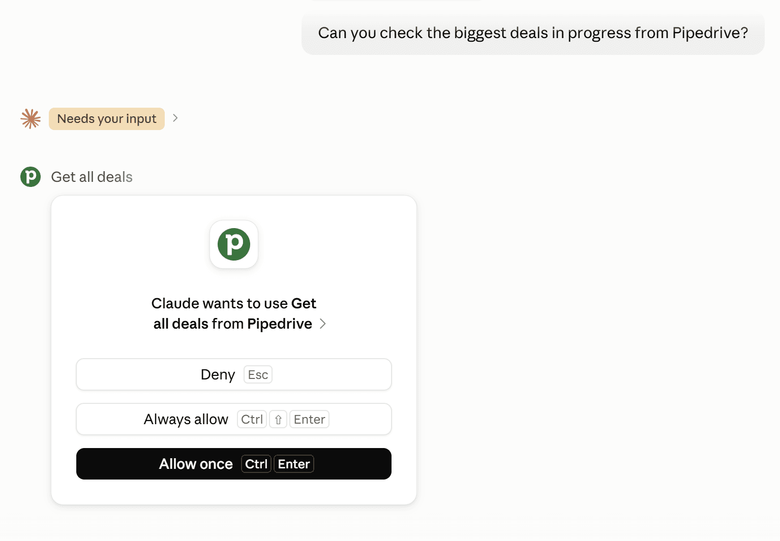 Pipedrive MCP requires confirmation.