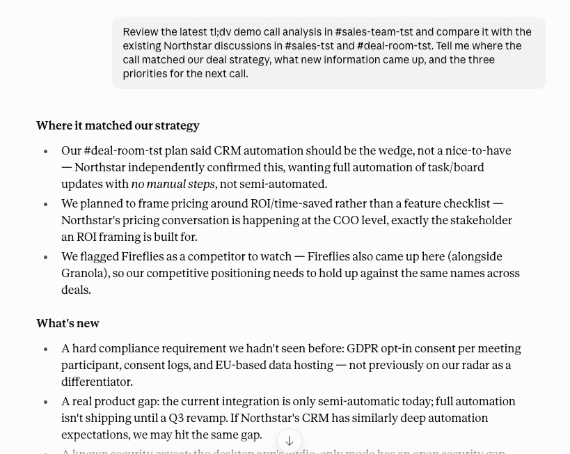 Claude analysing meeting context from Slack