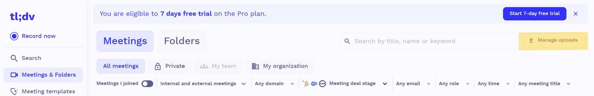 Upload your file via the tl;dv meeting library