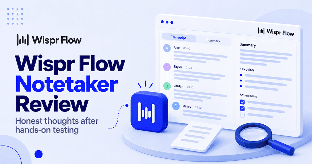 Wispr Flow Notetaker review featured image showing an illustrated meeting app with a transcript, a summary, key points and action items