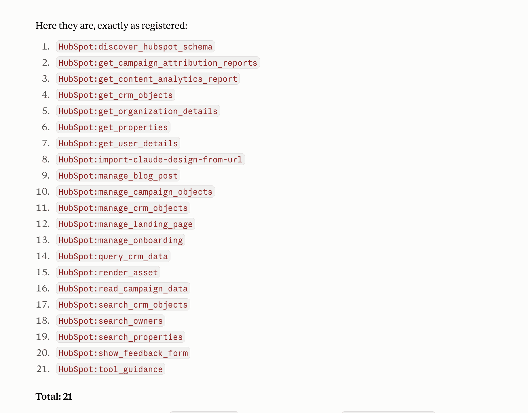 The 21 HubSpot MCP tools registered in a Claude session, listed by name