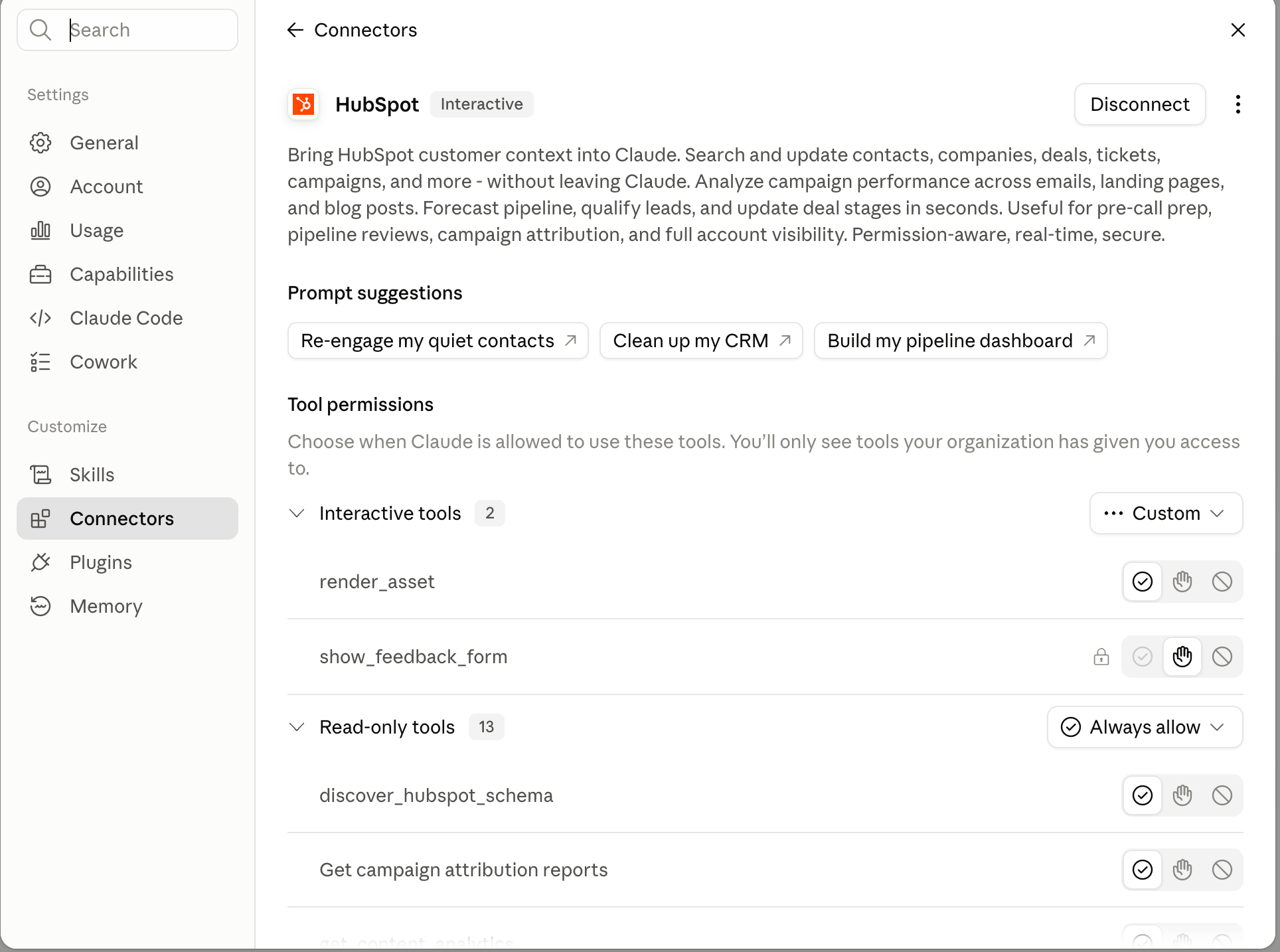 HubSpot connector tool permissions in Claude, showing tools grouped as interactive and read-only