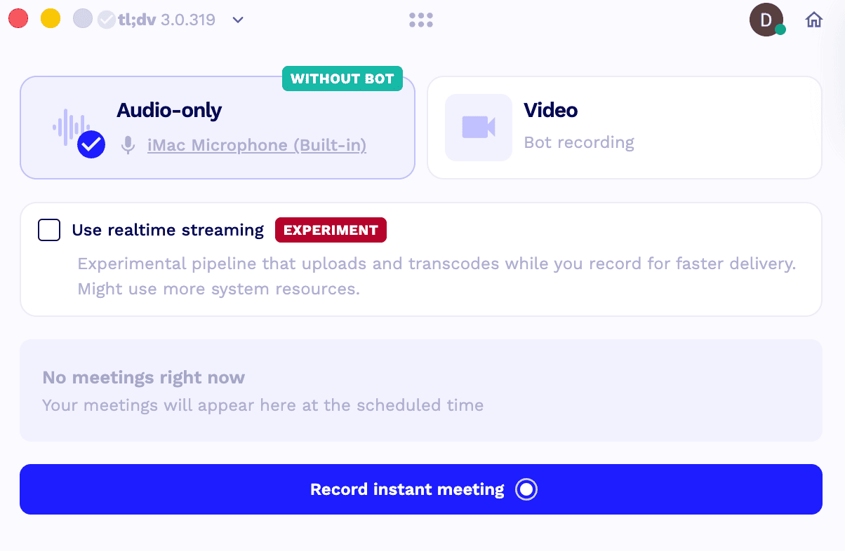 tl;dv desktop app offering audio-only recording without a bot or video recording with a bot