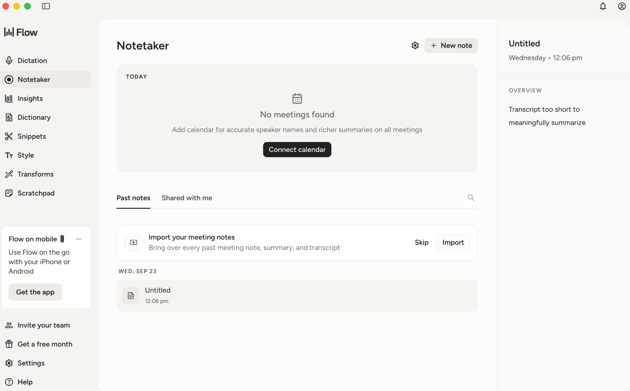 Wispr Flow Notetaker home screen with the left-hand sidebar, import prompt and Connect calendar button