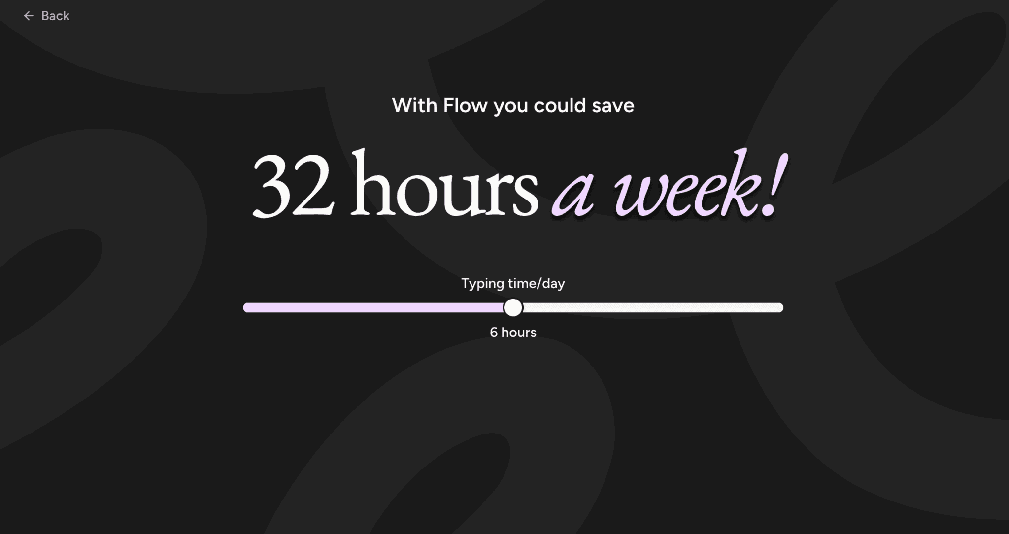 Wispr Flow onboarding screen claiming 32 hours saved a week at six hours of typing a day