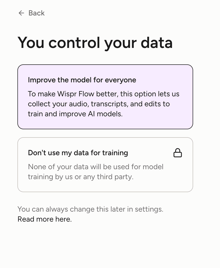 Wispr Flow onboarding data screen with Improve the model for everyone highlighted by default