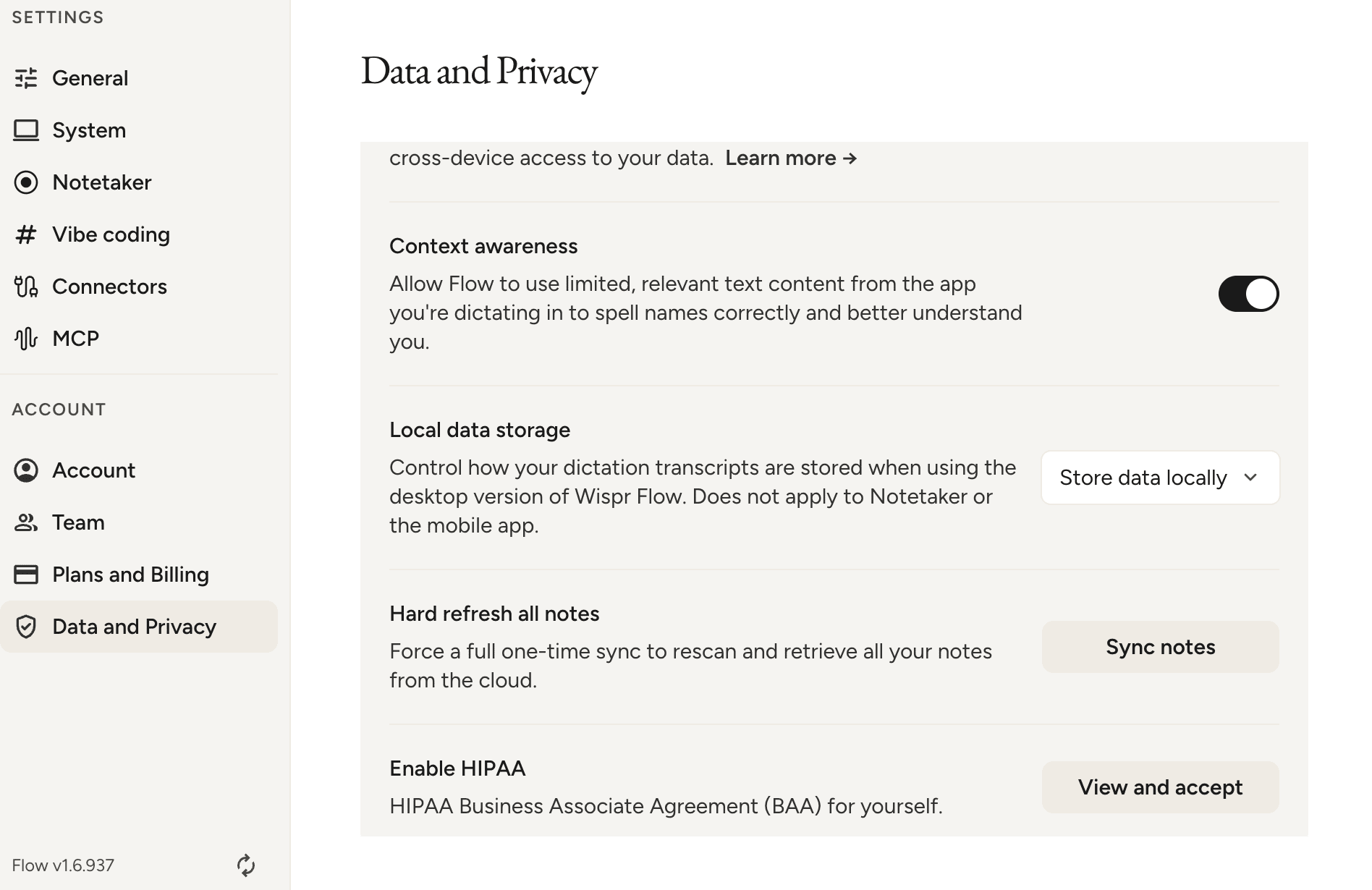 Wispr Flow Data and Privacy settings with no transcript retention option and a HIPAA agreement button
