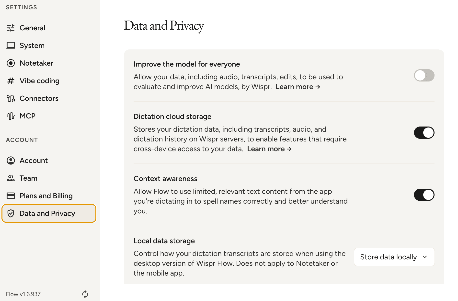 Wispr Flow Data and Privacy settings with Improve the model for everyone switched off