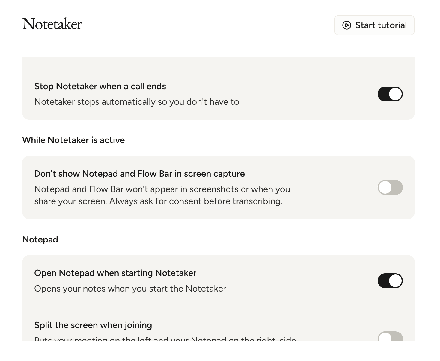Wispr Notetaker setting to hide the Notepad and Flow Bar from screen shares, off by default
