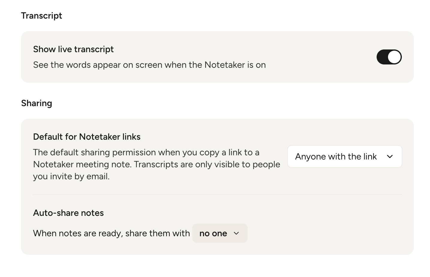 Wispr Notetaker sharing settings with links defaulting to anyone with the link