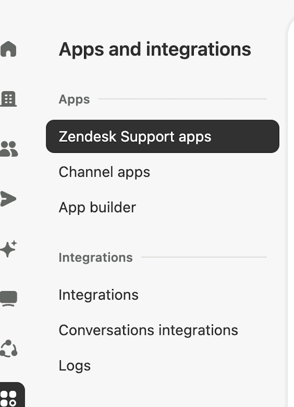 Zendesk admin menu listing Apps and Integrations as two separate sections