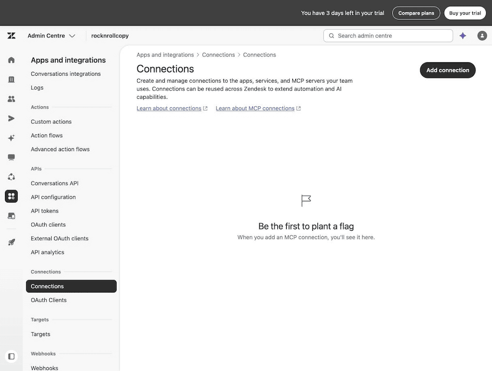 Zendesk Connections screen showing support for MCP server connections