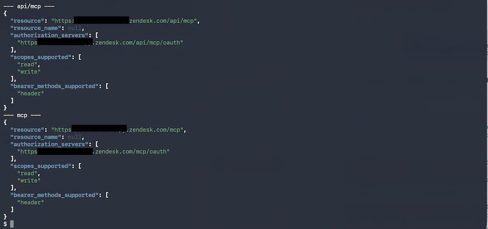 Terminal output showing both Zendesk MCP services returning read and write scopes