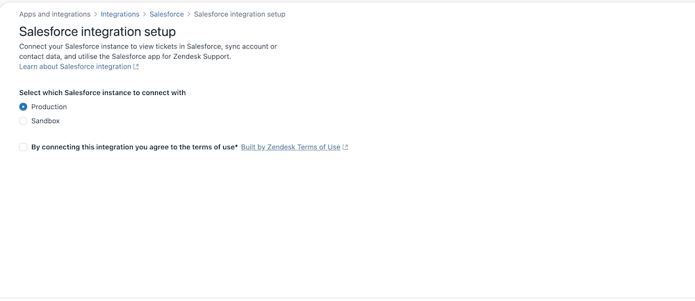 Zendesk Salesforce integration setup offering a choice between production and sandbox