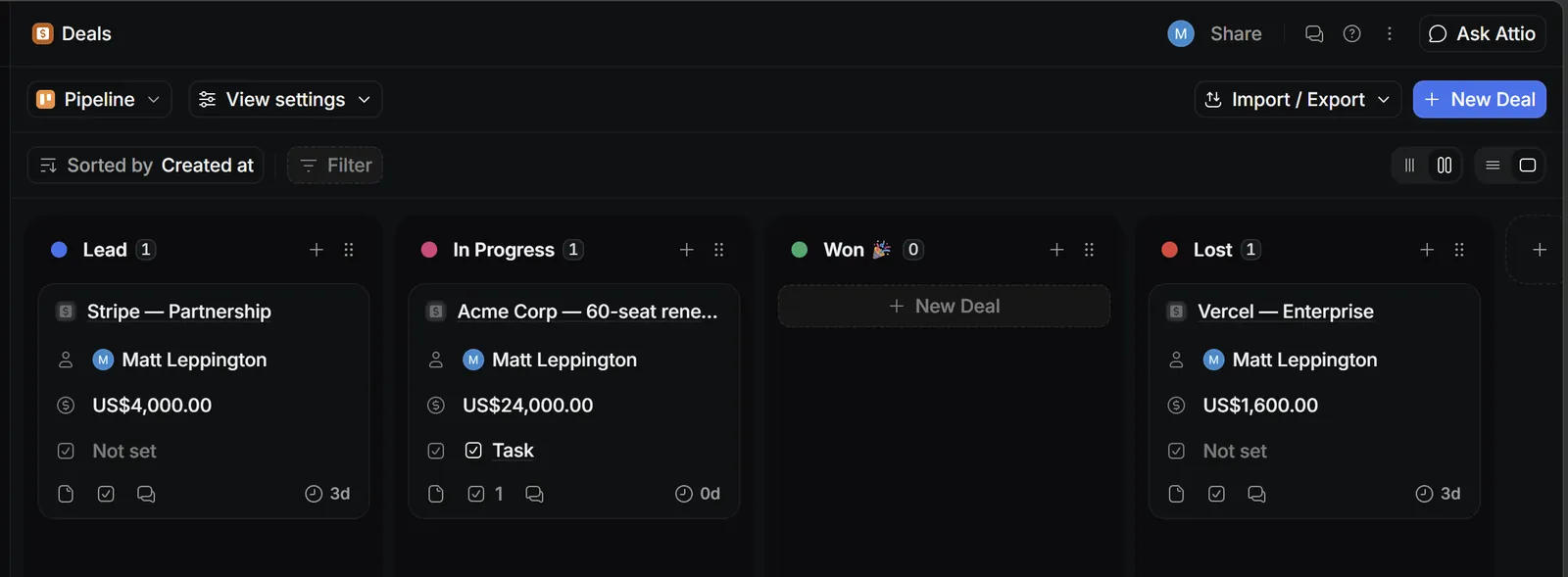 Attio deals pipeline in Kanban view with Lead, In Progress, Won and Lost stages.