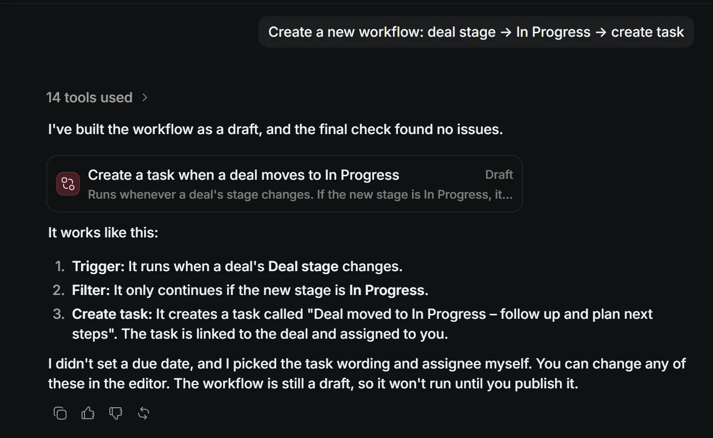 Attio AI building a draft workflow from one prompt.
