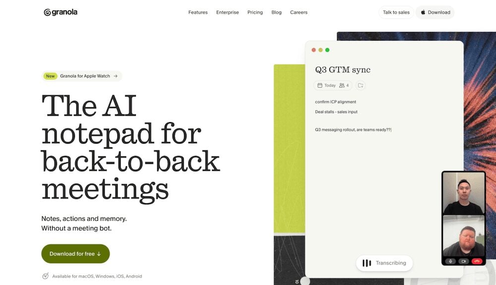 Granola homepage, October 2026: "The AI notepad for back-to-back meetings"