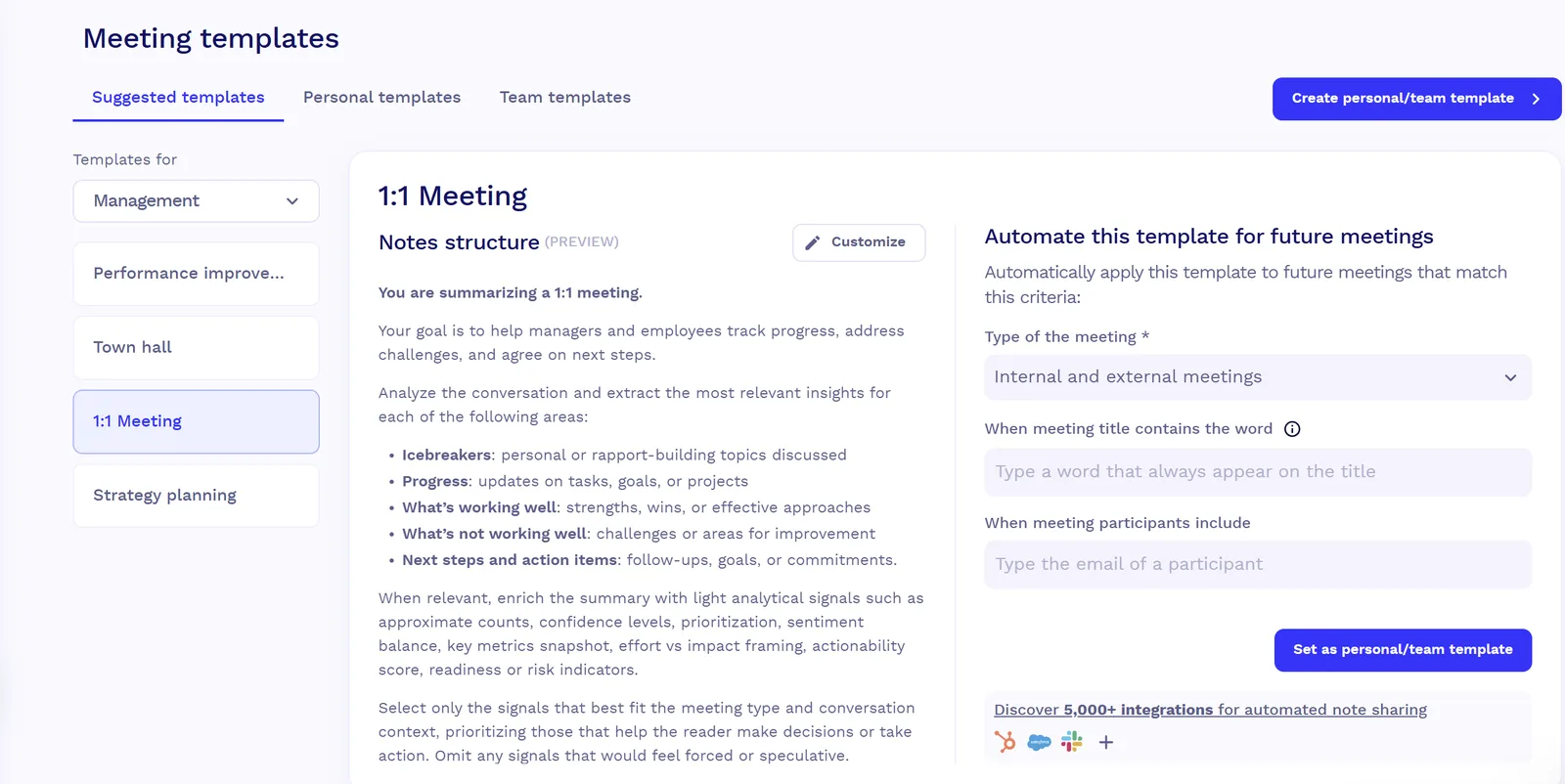 tl;dv 1:1 Meeting template showing its notes structure and automation rules.