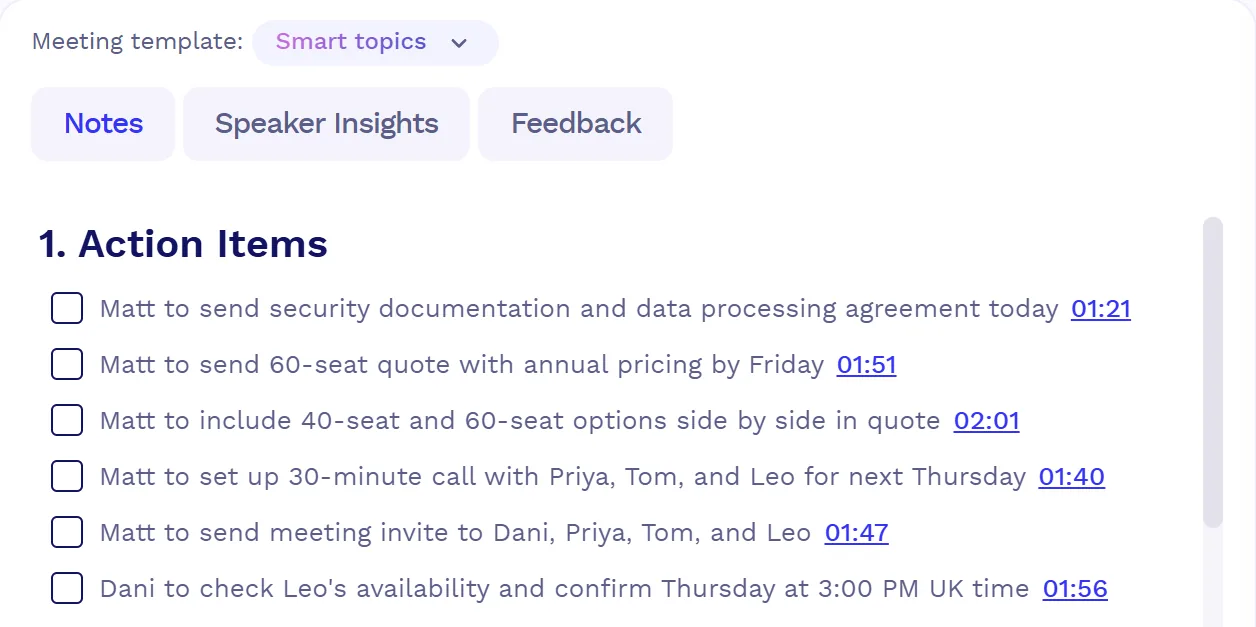 AI-generated action items with timestamps in tl;dv meeting notes